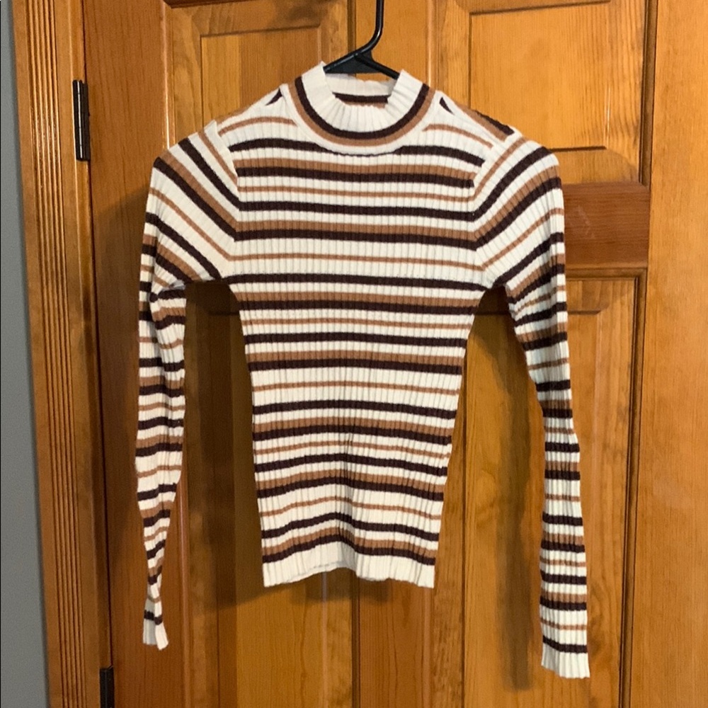 RSQ Cream and Brown Striped Turtleneck Sweater